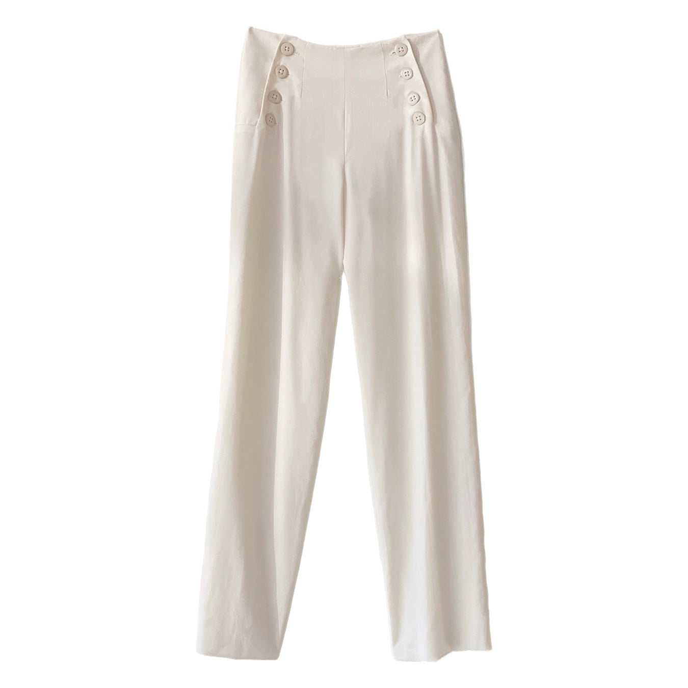 High-waisted white pants with wide legs and two rows of decorative buttons at the front waist, displayed against a white background.