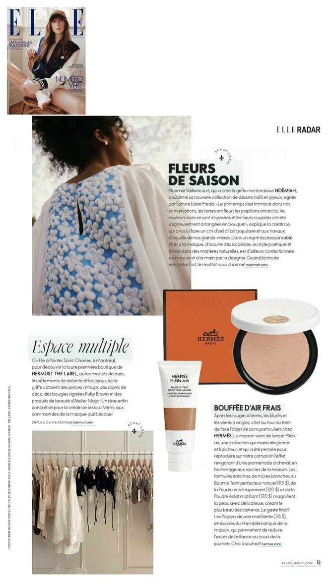 A magazine page showcasing a woman in a floral dress, wearing Noémiah's Annette Earrings — Pearls, along with cosmetic products like compact powder and a skincare tube. In the background, there's a rack of clothes. The text delves into seasonal flowers, beauty tips, fashion insights, and the elegance of tarnish-resistant accessories.