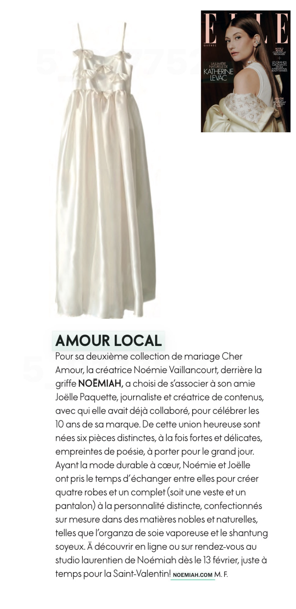 A magazine page featuring the exquisite Ariel Dress made from silk organza on the left, with a woman elegantly posing on an ELLE magazine cover in the top right. The text below highlights a local wedding collection collaboration by Noémie Vaillancourt of Noémiah and Joëlle Paquette, offering customizable sizes and adorned with Swarovski crystal embellishments.