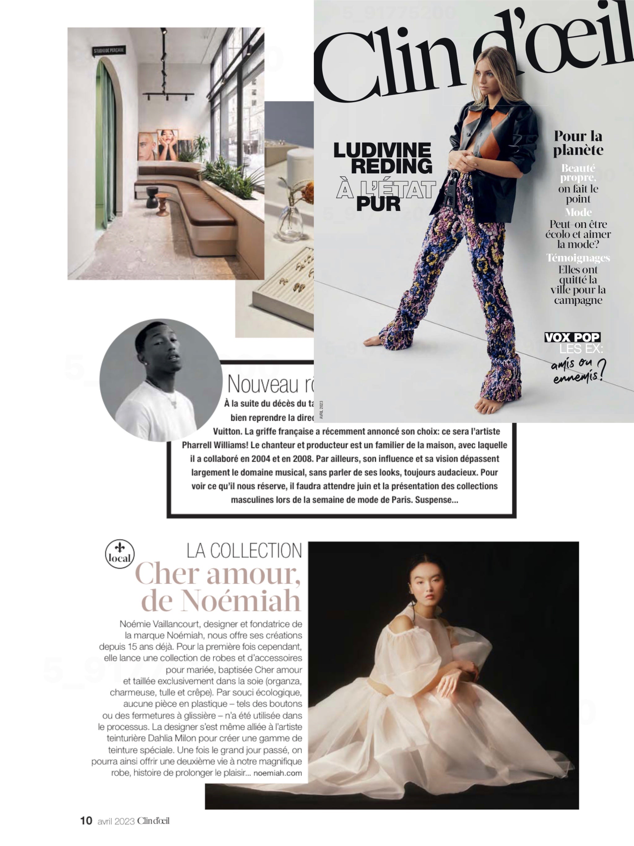 A collage of magazine elements featuring an article with text, a male portrait in black and white, a fashion model in colorful pants paired with the Billie Top by Noémiah, and a designer showcasing a flowing silk organza dress with lantern sleeves. The composition is complemented by snippets of furniture and decor.