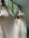 Two Noémiah Bow Veil dress forms, draped in sheer white fabric and silk bows, stand by large windows with sunlight streaming in and trees outside. The bright, modern studio showcases the elegance of the Bow Veil accessory.