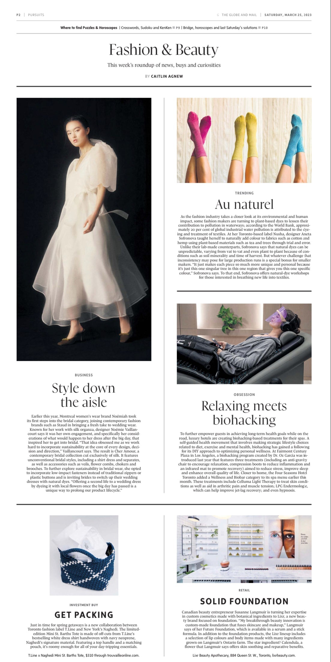 A newspaper page featuring articles on fashion and beauty, including images of a woman in a white Cassandre Wrap Dress by Noémiah, colorful socks, someone using a relaxation device, grooming products, and compact powder. The text provides details on fashion trends and tips.