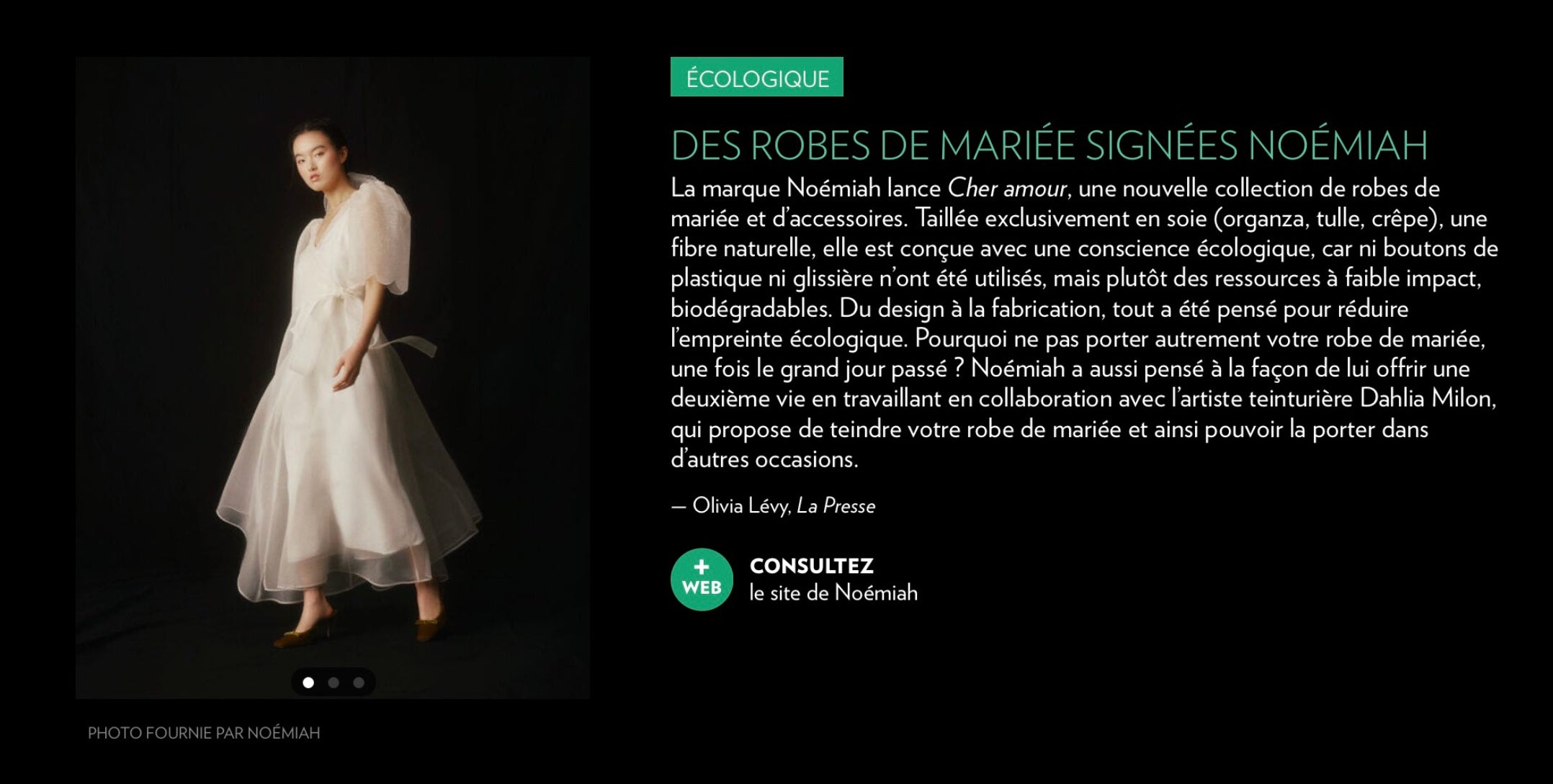 A model dons the Cassandre Wrap Dress, a white wedding gown by Noémiah, highlighting the delicate and flowing nature of silk organza. Set against a dark backdrop with French text discussing the brand's ecological commitment, this scene invites viewers to explore more of Noémiah's handmade-to-order creations on their website.