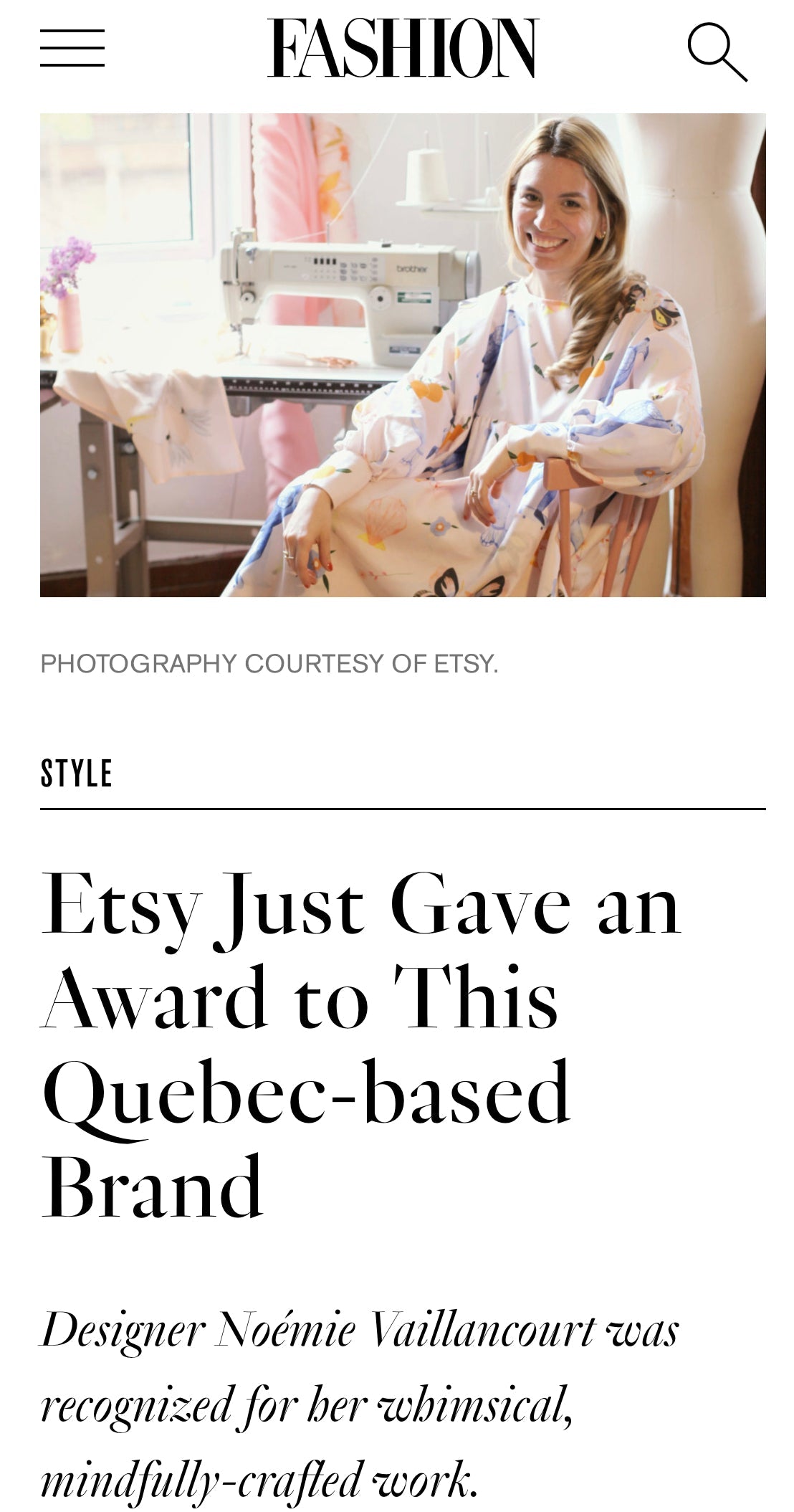 A woman in a floral robe sits by a sewing machine, smiling. The text at the bottom highlights an award from Etsy given to Quebec-based brand Noémiah for its whimsical, carefully crafted designs, featuring exclusive prints and an Estée Preda collaboration on the enchanting Célia Printed Dress.