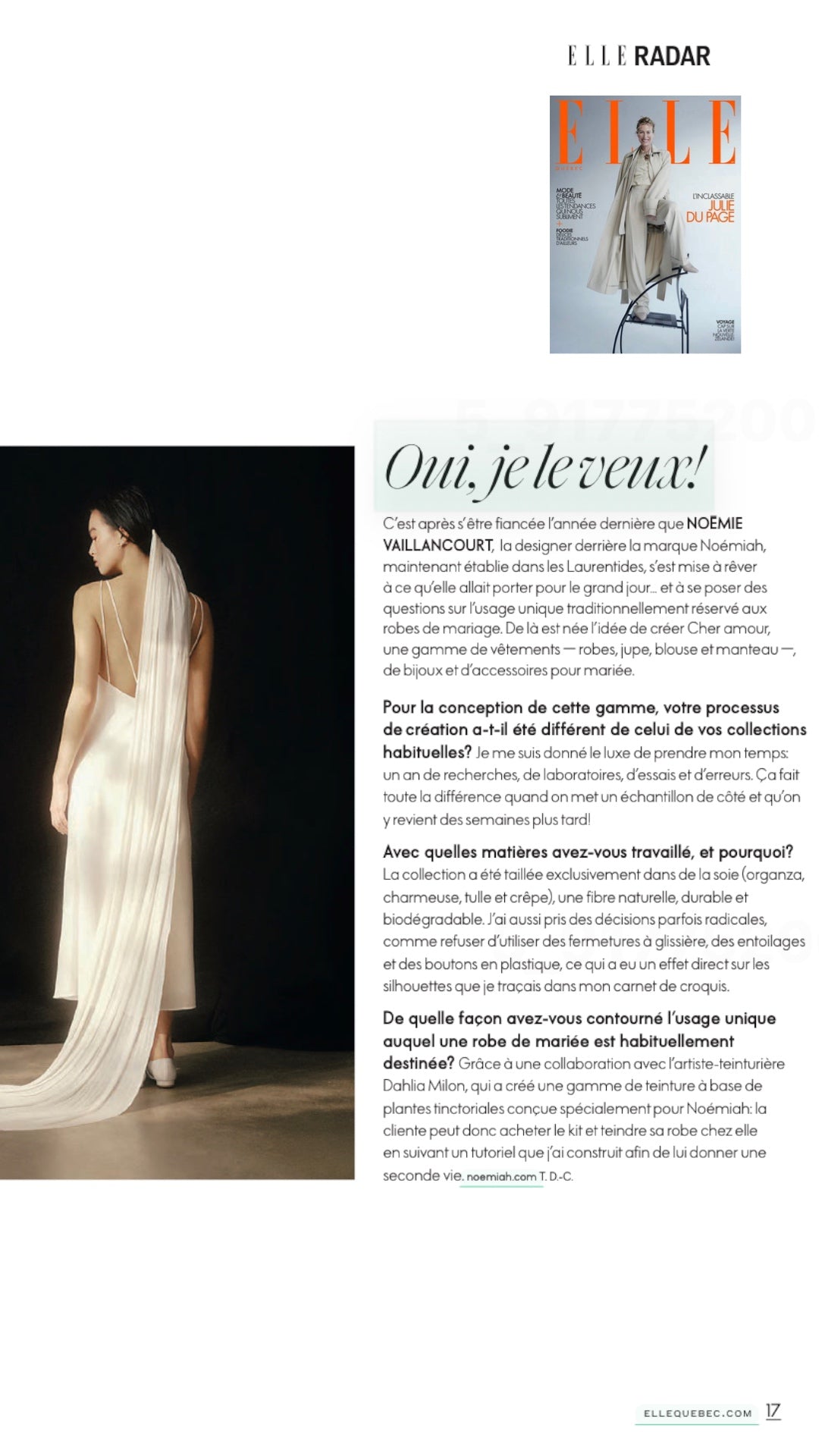 A model in a long, flowing white gown stands near a curtain, facing away. A hand-dyed ivory silk tulle Chapel Veil from Noémiah cascades down her back. The page features French text with a headline starting with Oui, je le veux! It's styled like a magazine layout under the title ELLE RADAR at the top.