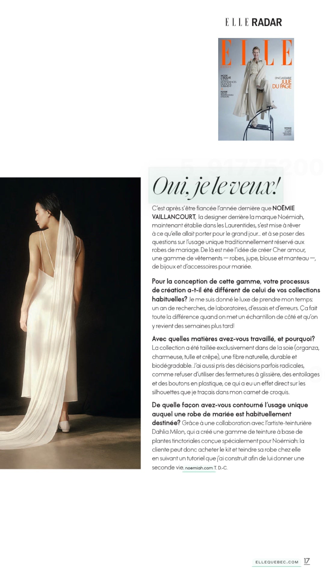 A fashion magazine page showcases a model wearing the Claude Silk Dress from Noémiah's Bridal Edit, a long, flowing beige creation reminiscent of a bias slip dress. She stands beside a mannequin adorned in similar fabric, while the text explores Noémie Vaillancourt's new silk crepe bridal collection.