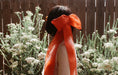 A person with short dark hair faces away, wearing Noémiah's Silk Ribbon — Classic in their hair. They are surrounded by tall white flowers and a wooden fence is visible in the background.