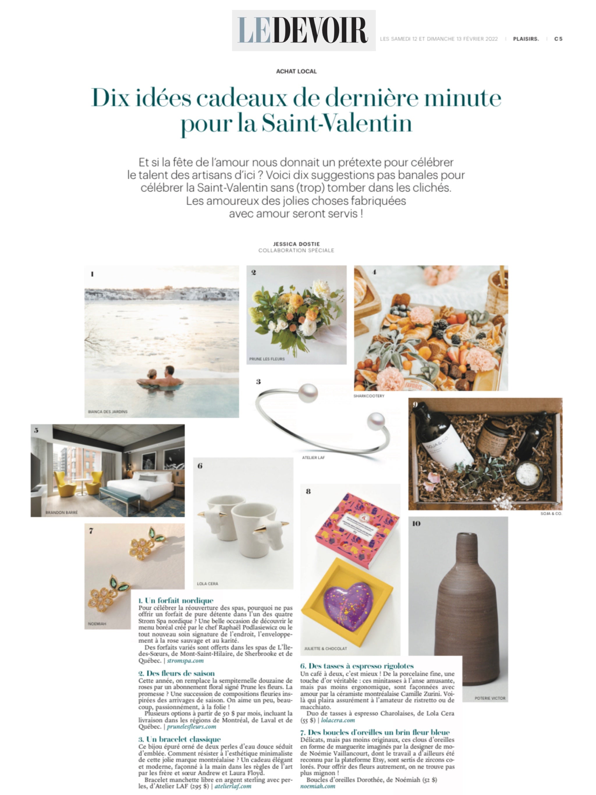 A magazine page titled Dix idées cadeaux de dernière minute pour la Saint-Valentin features the elegant Dorothée Earrings by Noémiah alongside cubic zirconia jewelry, pottery, a pool scene, and decorative pieces. Each item is numbered with detailed descriptions for easy selection.