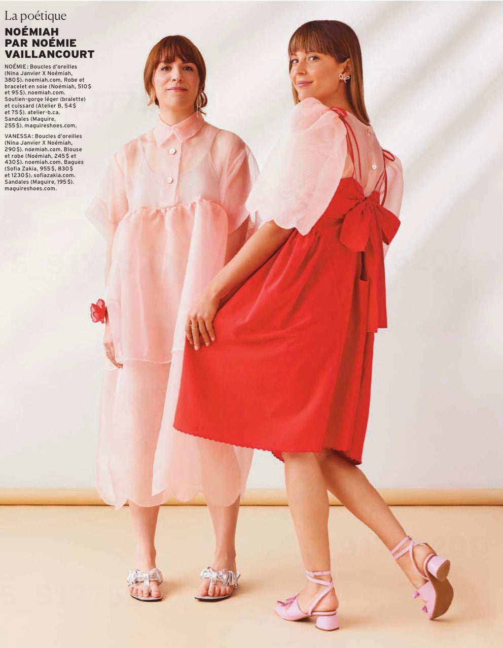 Two women strike a pose in chic ensembles. The woman on the left captivates in a sheer pink dress, accentuated by Noémiah's Floral Choker, a delicate hand-sewn silk accessory. Meanwhile, the woman on the right impresses in a red dress featuring pink silk organza sleeves and matching pink sandals. Both exude playful designs against a vibrant backdrop.