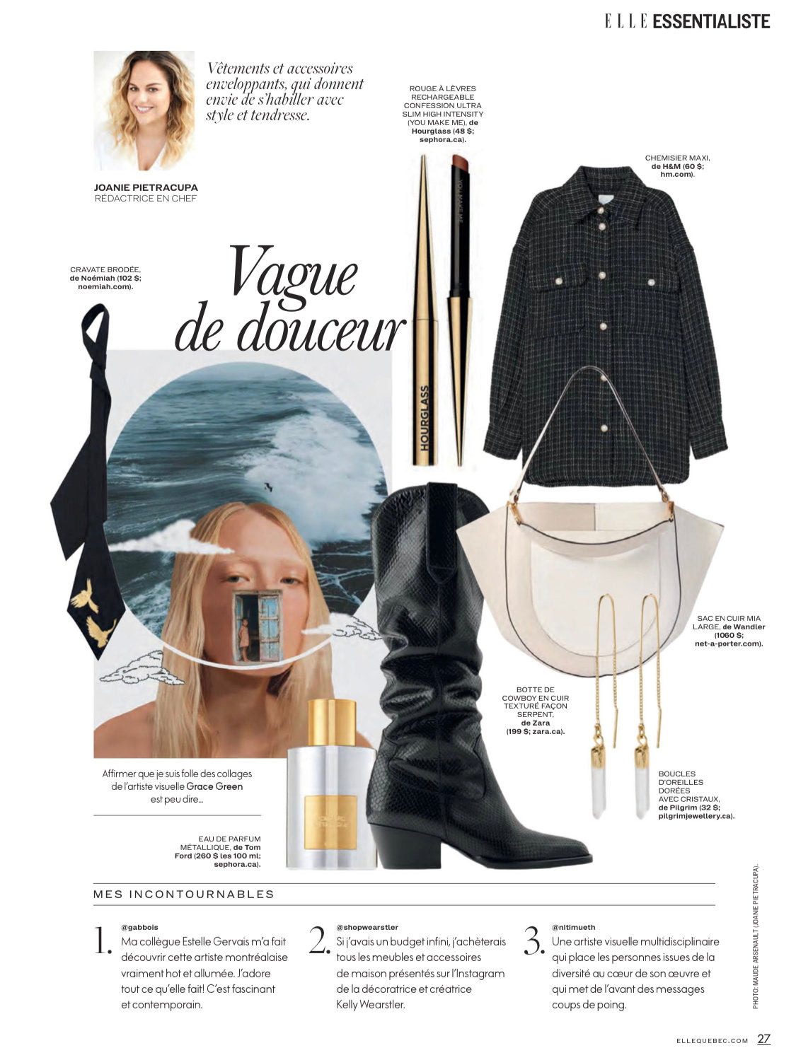 Magazine page showcasing fashion items: a black bag, long earrings, a black and white checkered shirt, a silk cotton headscarf, pointed black boots, and gold-tone nail polish. A smiling woman wearing the chic Iris Necktie by Noémiah is pictured at the top left.