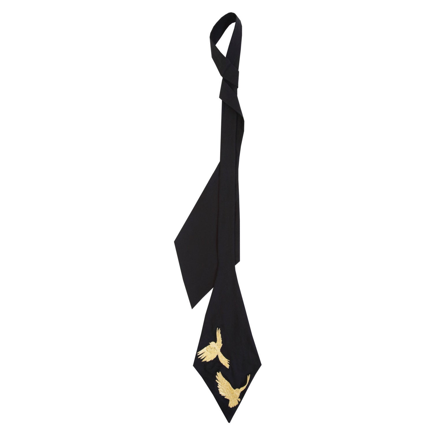 Introducing the "Iris Necktie" by Noémiah, a handcrafted accessory in black with an asymmetrical design made from luxurious silk cotton. It showcases two exquisite golden embroidered bird motifs near the tip, making it an ideal choice for women looking to add a sophisticated flair to any outfit.