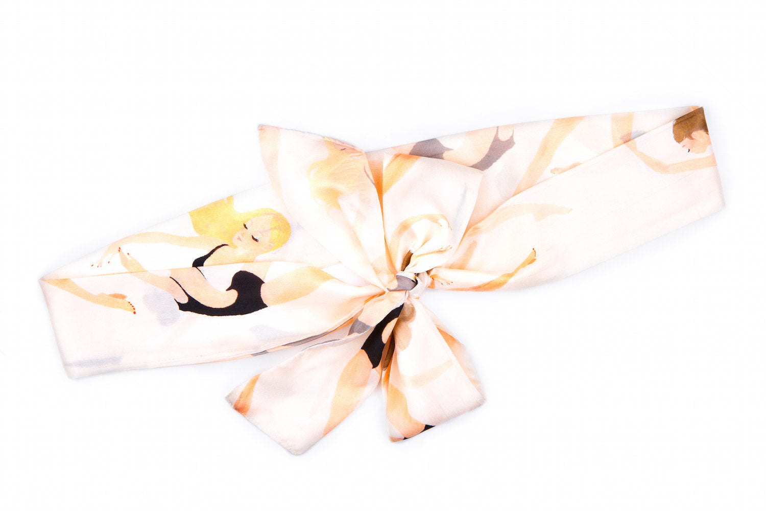 A luxurious Long Swimmers Scarf by Noémiah, featuring Paule T.B.'s elegant illustration of swimmers in light and dark outfits. Tied in a large bow, this exquisite silk scarf beautifully showcases its design against a white background.