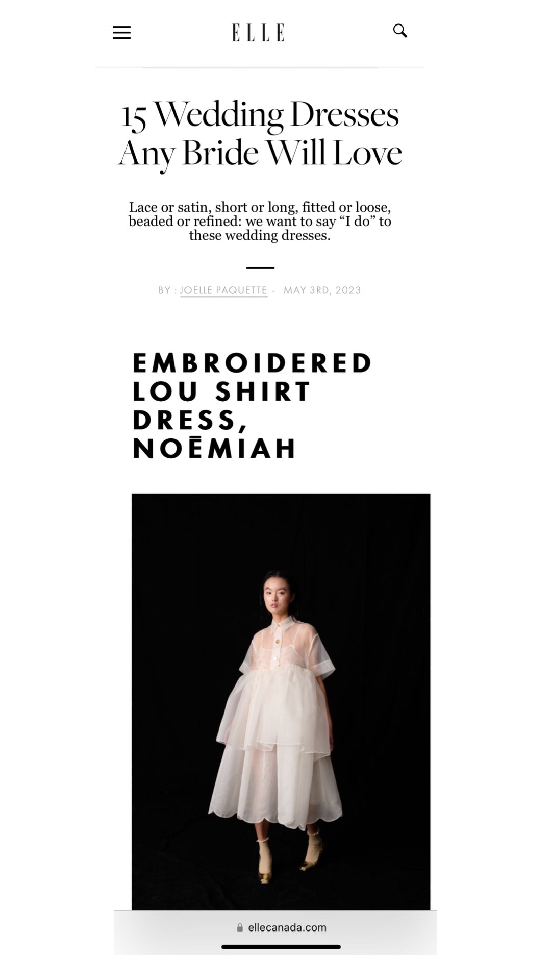 A model showcases a beautifully embroidered Lou Shirt Dress by Noémiah against a black backdrop. This oversized shirt dress is crafted with layers of sheer fabric, adorned with intricate embellishments and porcelain buttons. Above, the text declares: 15 Wedding Dresses Any Bride Will Love.