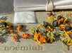 A Natural Dye Kit by Noémiah is artfully arranged on a marble surface, with dried marigold flowers adding a splash of natural color as sunlight casts intricate shadows. In the background, a folded white cloth and a small square pouch hint at the kit's unique offerings. The brand name "Noémiah" is elegantly displayed on the surface.