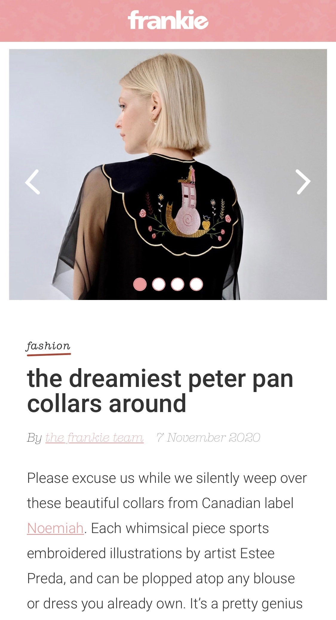 A person with blonde hair is wearing the Noémiah Olivia Black Collar top, which showcases an oversized embroidered design called "Snail on the Back." This whimsical piece includes soft pink and pastel tones and is part of a fashion article on Peter Pan collars by Frankie magazine.