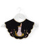 The Olivia Black Collar — Snail on the Back by Noémiah is a delightful baby bib featuring elaborate embroidery of a house perched on a large pink snail, encircled by colorful flowers, leaves, and a tiny bird. This charming accessory, presented on a white hanger against a simple backdrop, is an enchanting addition to any little one's wardrobe.