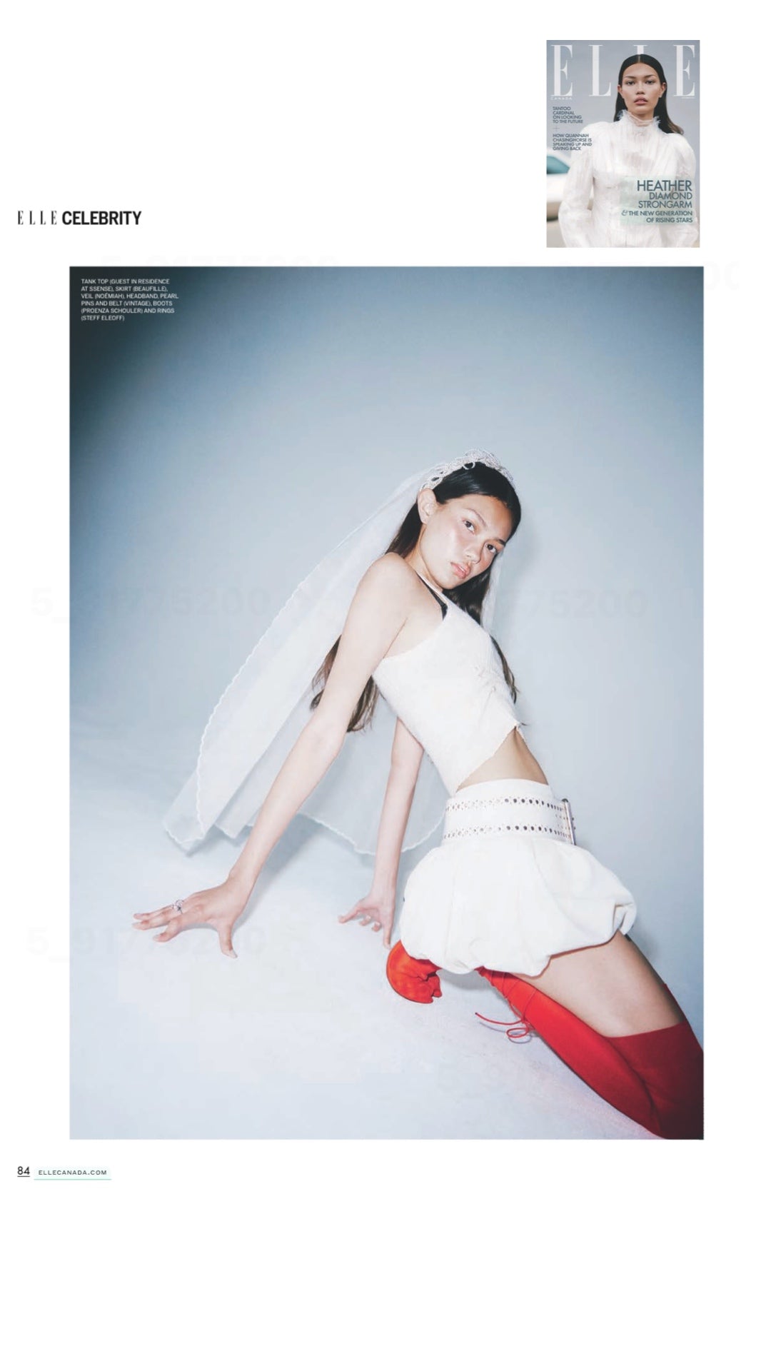 A woman poses in a white outfit with the elegant Paris Veil by Noémiah draped over her shoulders, complemented by red boots and a matching belt, as she sits on a white surface. In the top right corner, a smaller image of a magazine cover features the same woman. The page is titled Elle Celebrity.