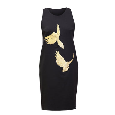 Introducing the Paule Dress by Noémiah: a custom-fit sleeveless dress in luxurious double knit fabric, adorned with exquisite embroidered bird motifs in flight across the front.