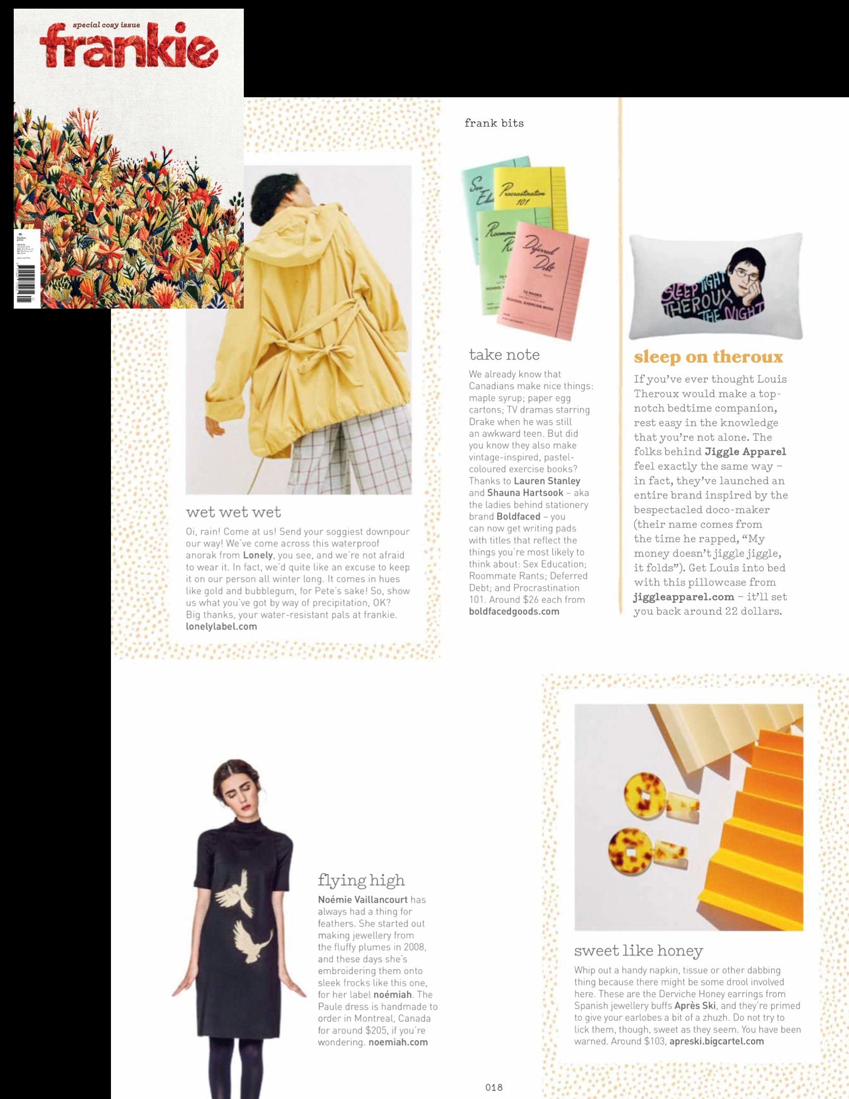 The magazine page bursts with creativity, featuring articles on a yellow raincoat, colorful notebooks, and a pillow adorned with text. The Paule Dress by Noémiah, with its distinctive airplane print, stands out beside intricate honeycomb patterns, while a floral-covered corner invites readers in. Discover the allure of embroidered fabric woven throughout.