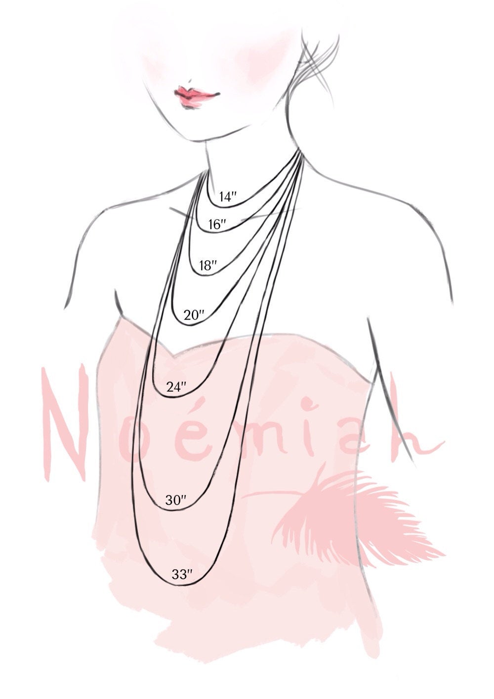 Illustration of a woman wearing Samuel Necklaces in various lengths, labeled 14, 16, 18, 20, 24, 30, and 33. Each tarnish-resistant piece from Noémiah showcases minimalist design against a light pink background with cursive text reading Noémiah.