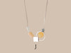 The Samuel Necklace by Noémiah is showcased against a beige background, highlighting its contemporary minimalist design. It includes geometric elements such as a gold circle, square, orange bead, and frosted cone shape on a delicate tarnish-resistant chain. The letter J is elegantly centered below the necklace.